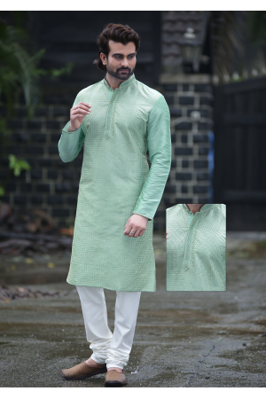 Cyan with White Color Silk Kurta Set